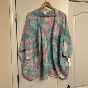 Venus Cardigan Sweater Women's XXL Purple Pink 100% Cotton Tie-dye 3/4 Sleeve